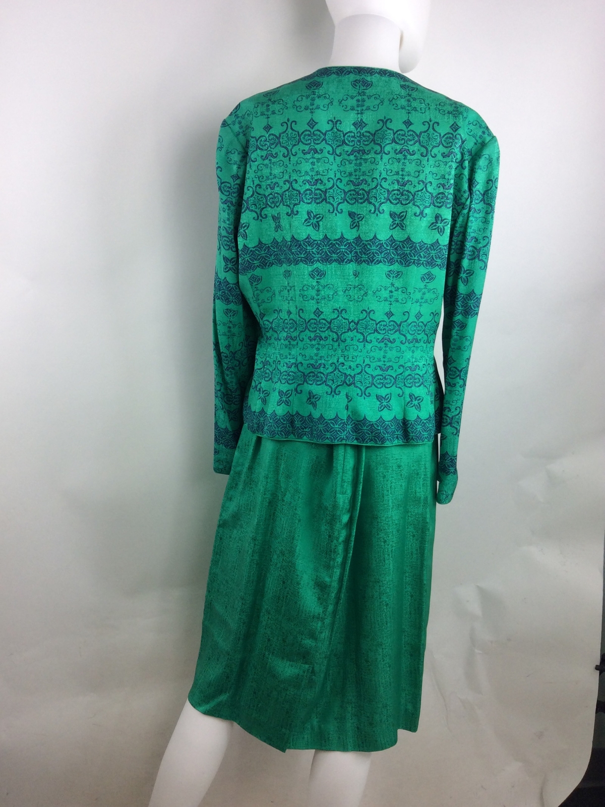 Papell Petites Vintage Women Silk Skirt Jacket Set Green Size 12 Petite (1)