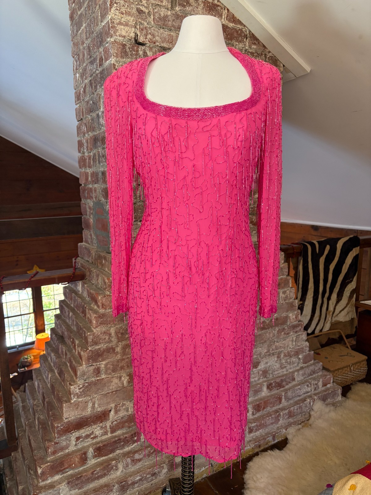 Vintage Sylvia Ann Hot Pink Beaded Gown – Cut Out Detail on Back – Size 8