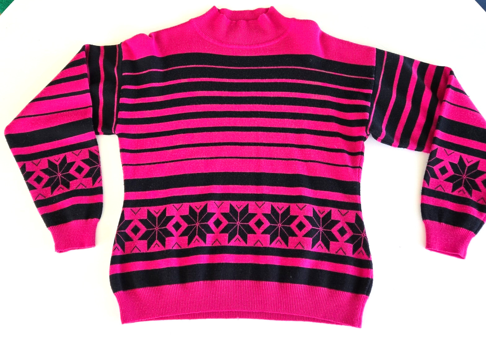 Vintage Obermeyer Ladies Fuchsia & Black Wool Blend Ski Sweater Sz Med Mock Neck
