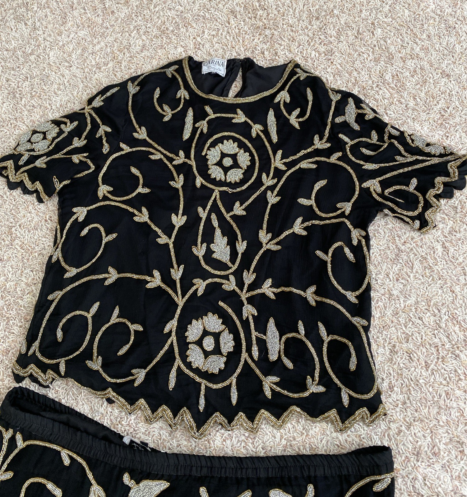 Vtg Carina Women’s Lot Of 2 Silk Beaded Two Piece Outfit Top Skirt Black Sz 3XL