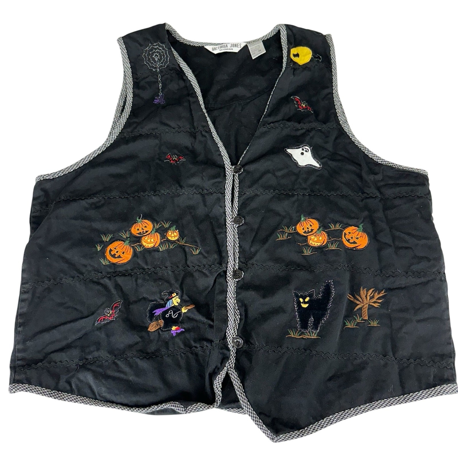Vintage Womens Vest Size 1X Black Halloween Pumpkins Ghost Cat Witch Embroidered