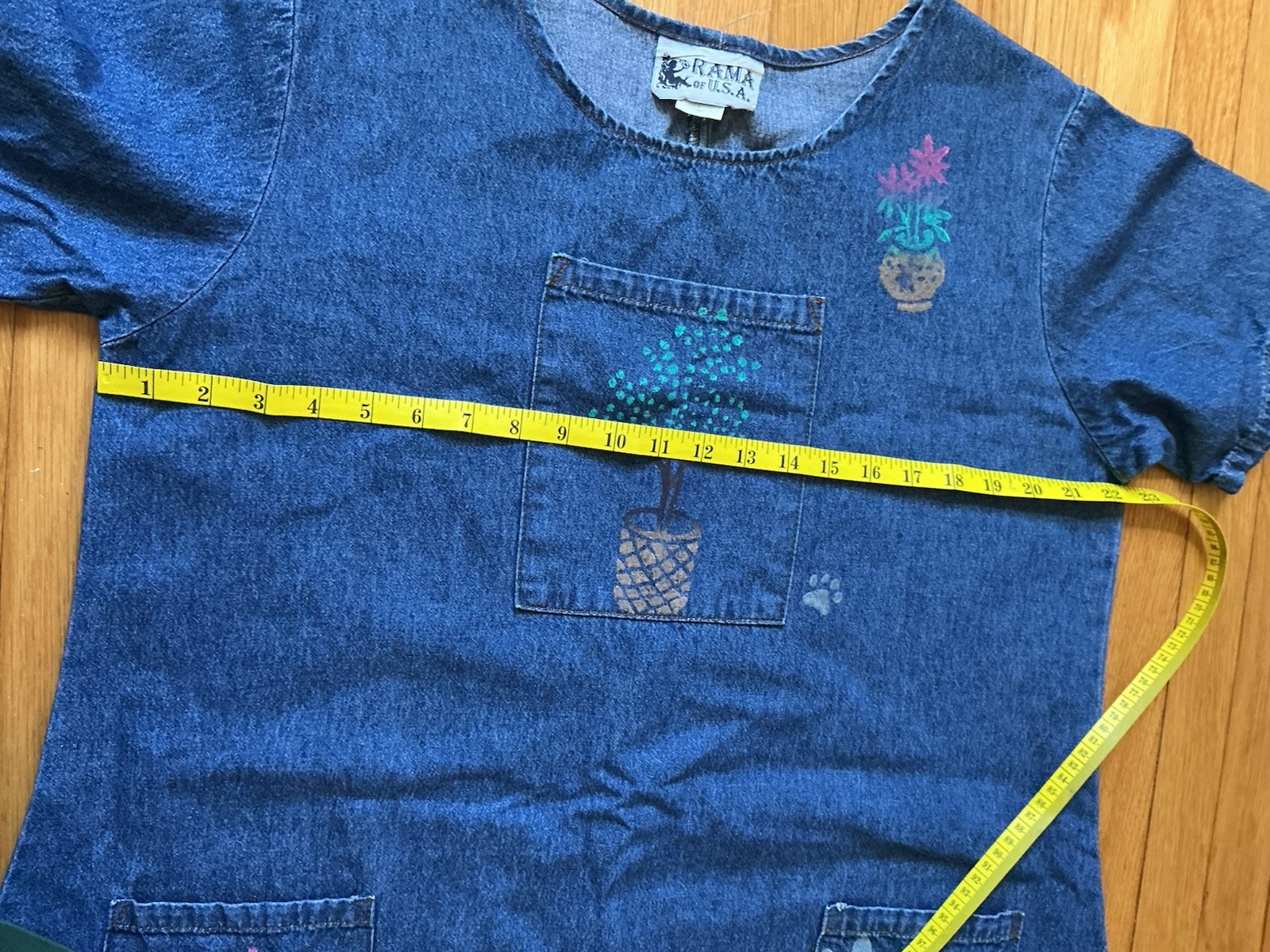 Vintage Rama USA Denim Dress Pockets Smock Hand Painted Cats Plants Comfy Boho L