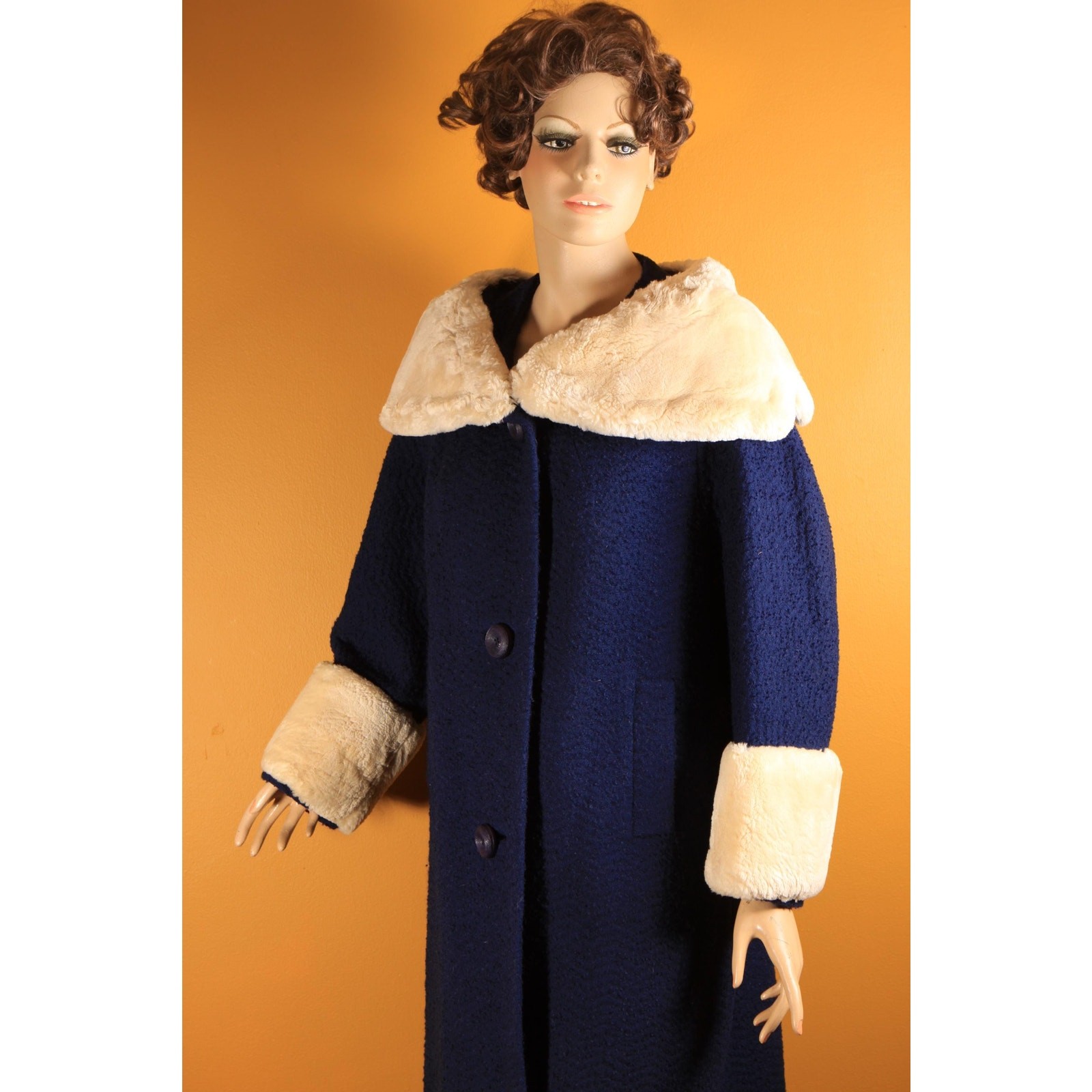 1950s Blue Long Sleeve Cream Sheared Chinchilla Fur Cuff Collar Coat by Adler’s