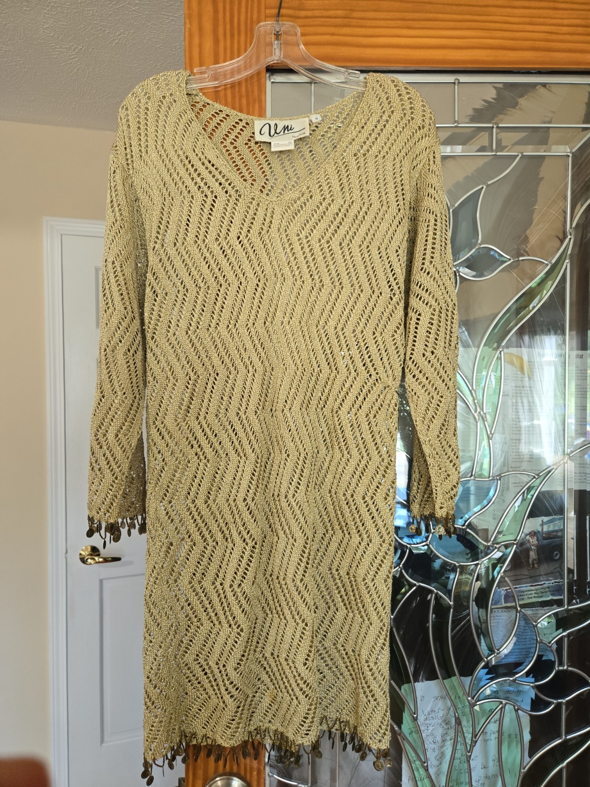 1960s GOLD LAME CROCHETED VNECKED DRESS Size S WITH COIN EMBELLISHMENTS VINTAGE