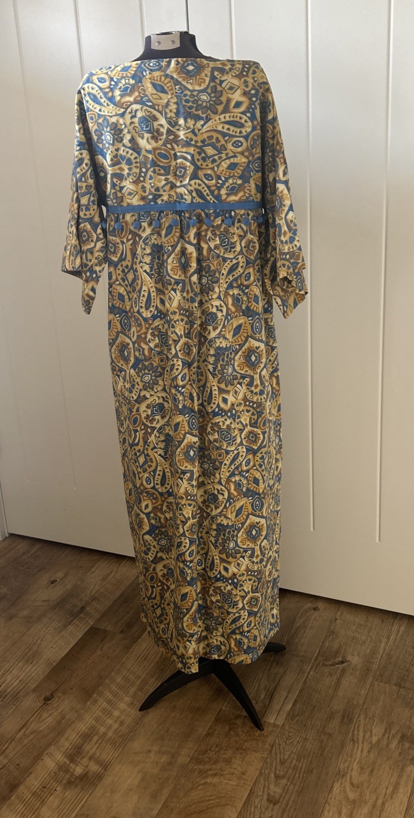 Vintage 1960’s Handmade Gold/Blue Paisley Print Caftan Maxi With Ball Fringe M