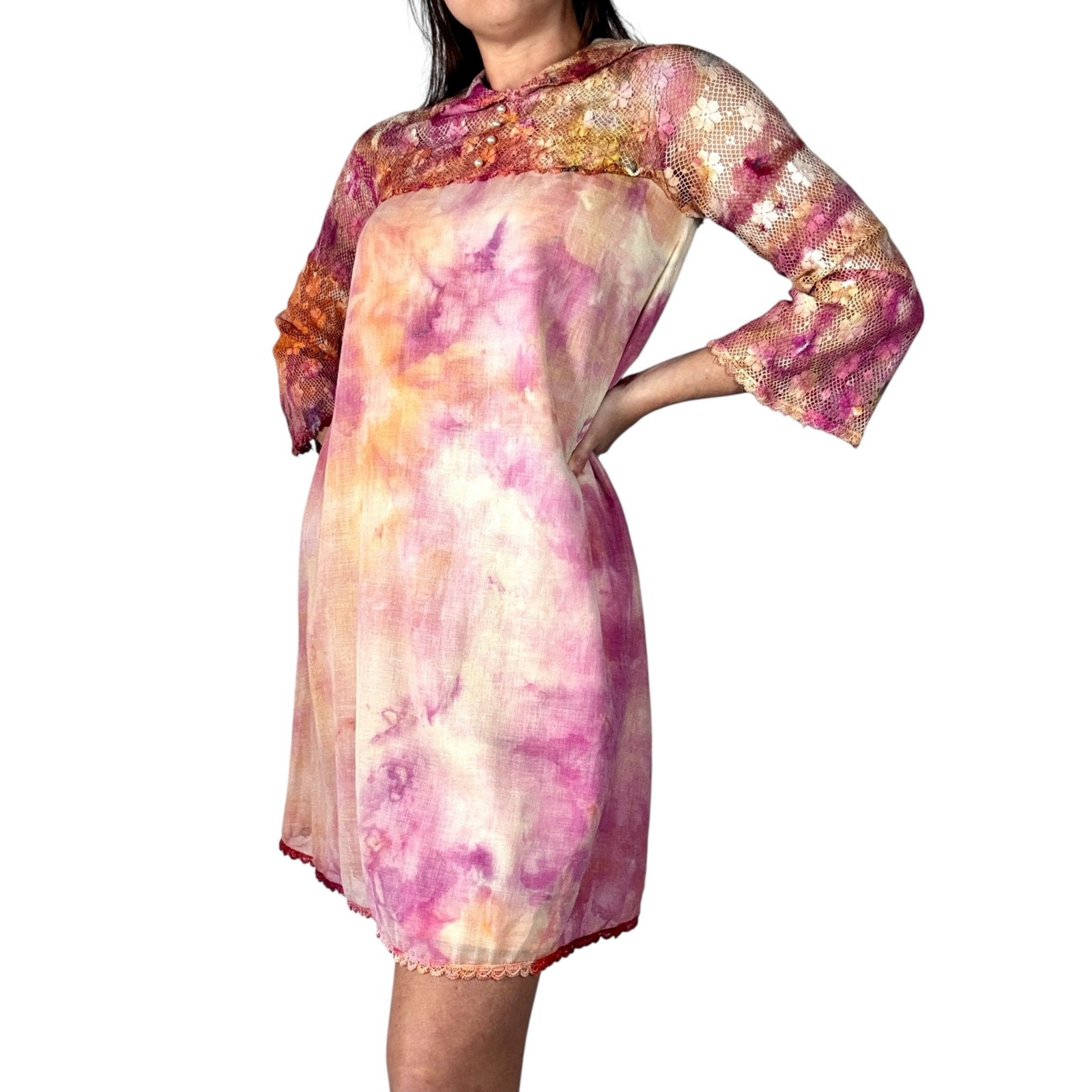 Vintage 1960s Hand Dyed Pink Orange Ice Dye Shift Dress Bell Sleeves Lace Yoke