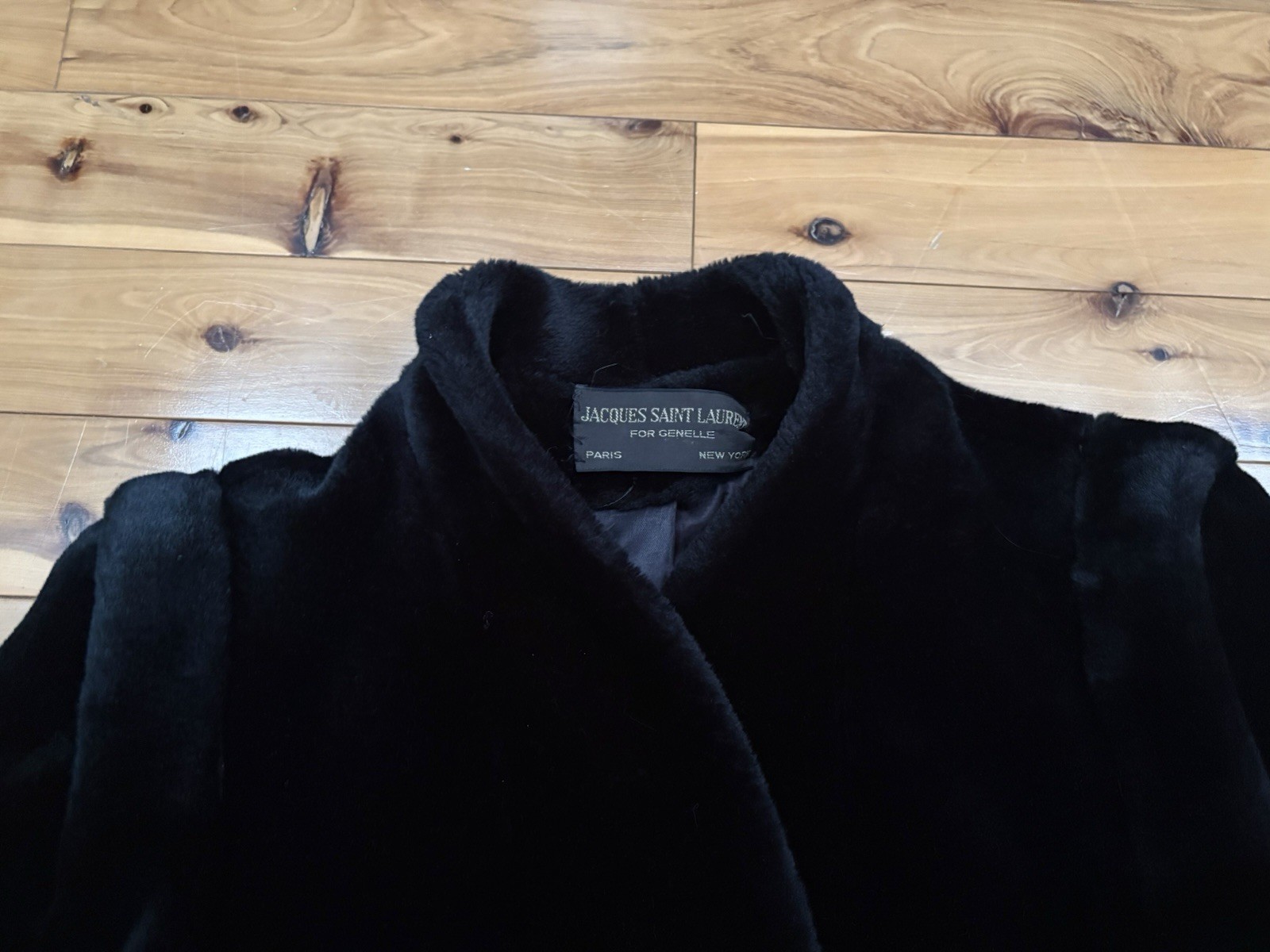 Rare 70s-80s Jacques Saint Laurent Faux Fur Black Coat Shawl Collar L/XL