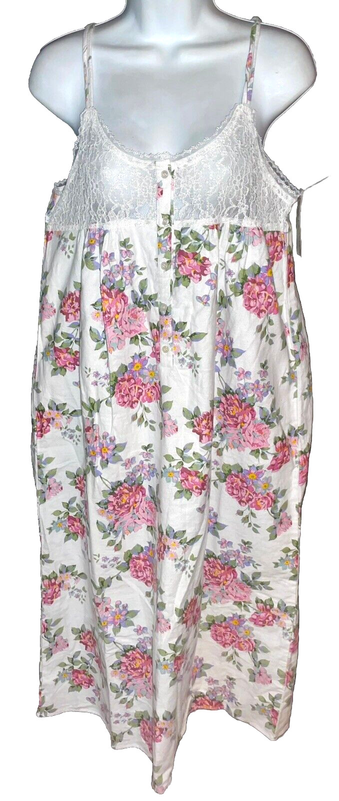 VTG Body Drama Floral Prairie Cotton Flannel & Lace Sleeveless Nightgown M NWT