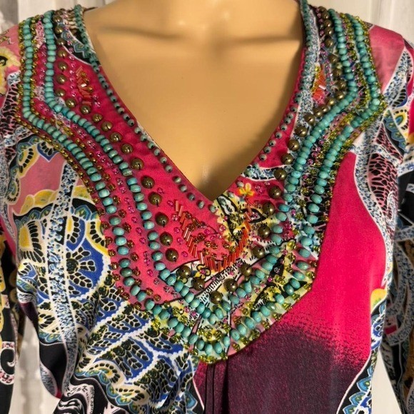 Mechant Paisley Beaded Tunic Top Womens Small Multicolor Excellent Boho V-Neck