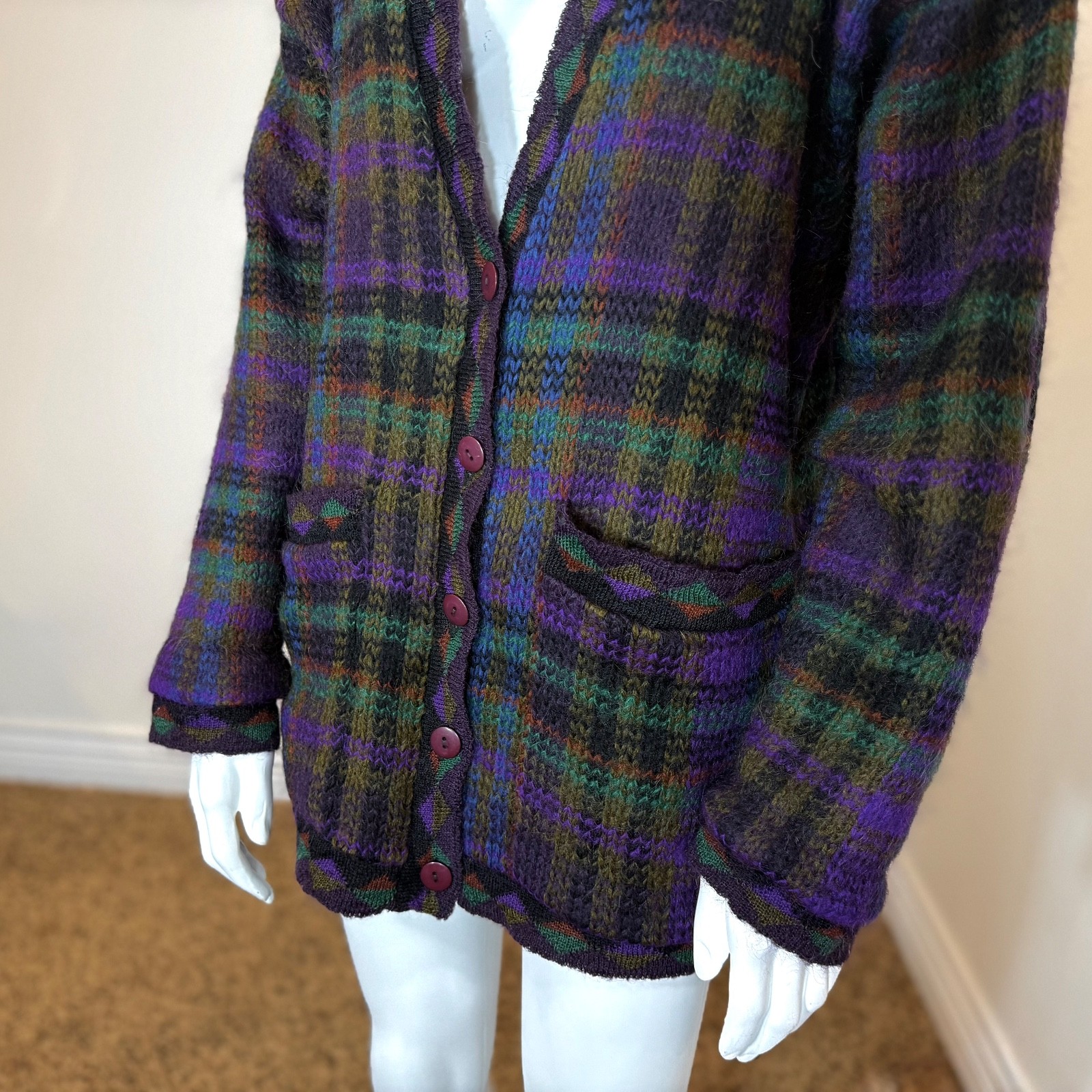 Vintage 80’s PLAID MOHAIR CARDIGAN M Knit Sweater Boxy Oversized Retro Pockets