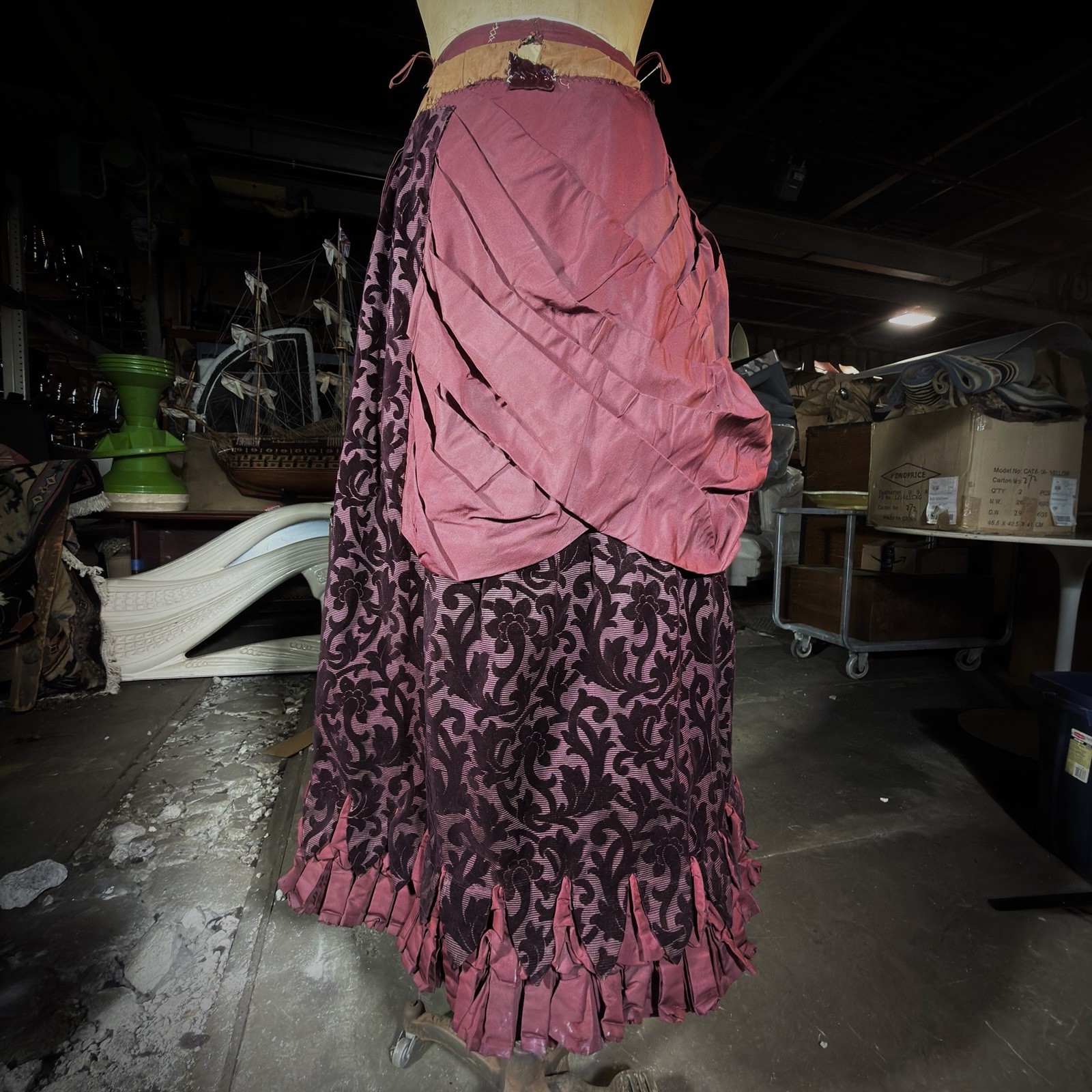 Antique 1880s Victorian Bustle Overskirt Burgundy Red Velvet