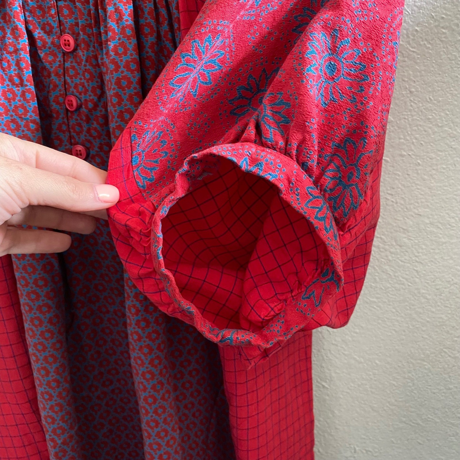 Anastasia Paris Vintage Rare 1980s Made in France MixedPrint Boho Maxi Dress Red