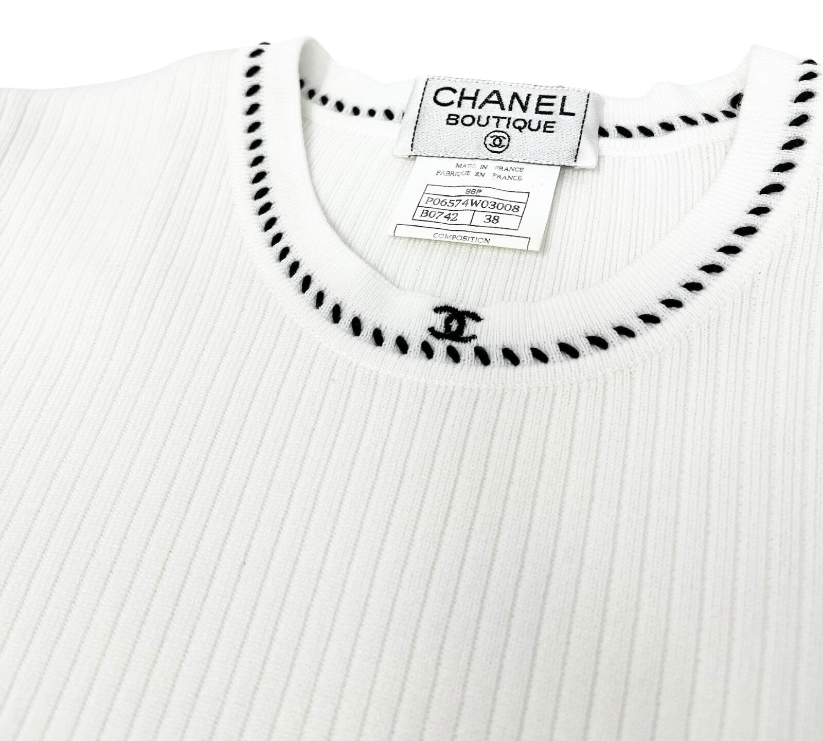 CHANEL Vintage 96P CC Rib Knit Top #38 Stitch Pullover White Black Cotton