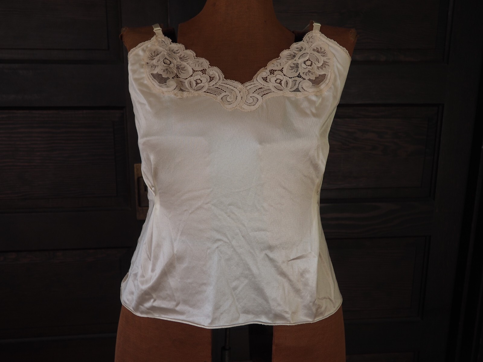 VTG 60s Vanity Fair Ivory Cappuccino Satin Lace Cami Lingerie Tank Top Sz 36