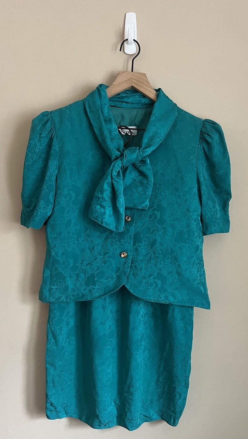Vintage Patra Silk Suit Jacket Straight Skirt Secretary Small 4 6 80s 90s