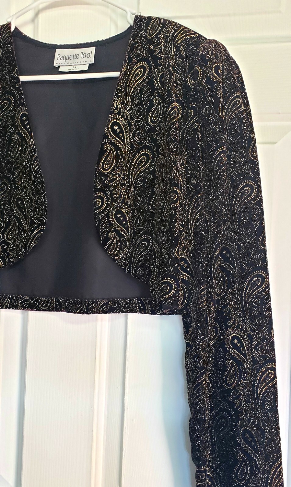 Vintage 80/90’s Cropped Black Velvet Gold Floral Paisley Bolero Jacket Size 14