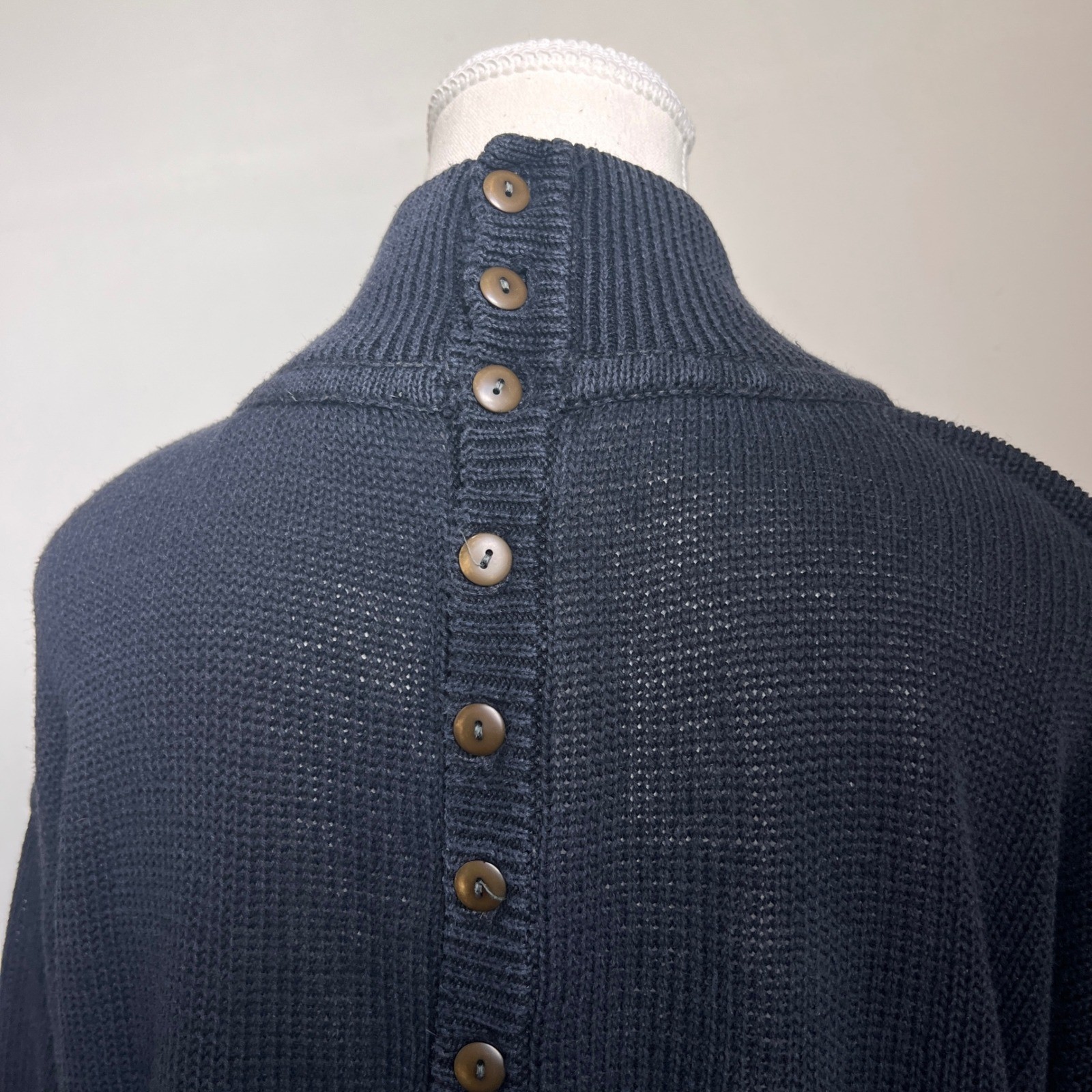 Vintage Baggy Minimalist Sweater Black Button Back Unique Mock Neck Knit Top M