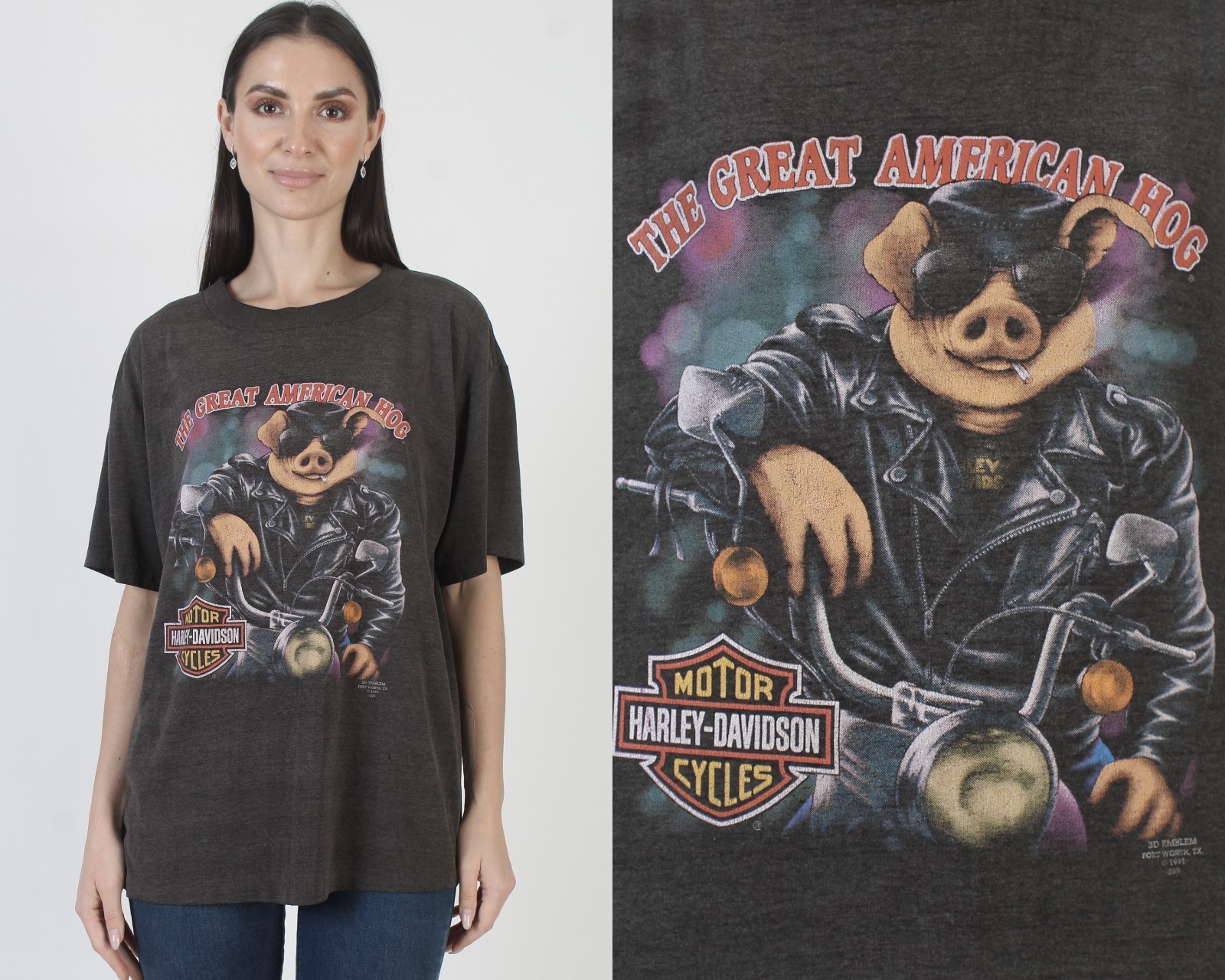 Vtg 3d Emblem Great American Hog T-Shirt Harley Davidson Motorcycle Pig Tee L