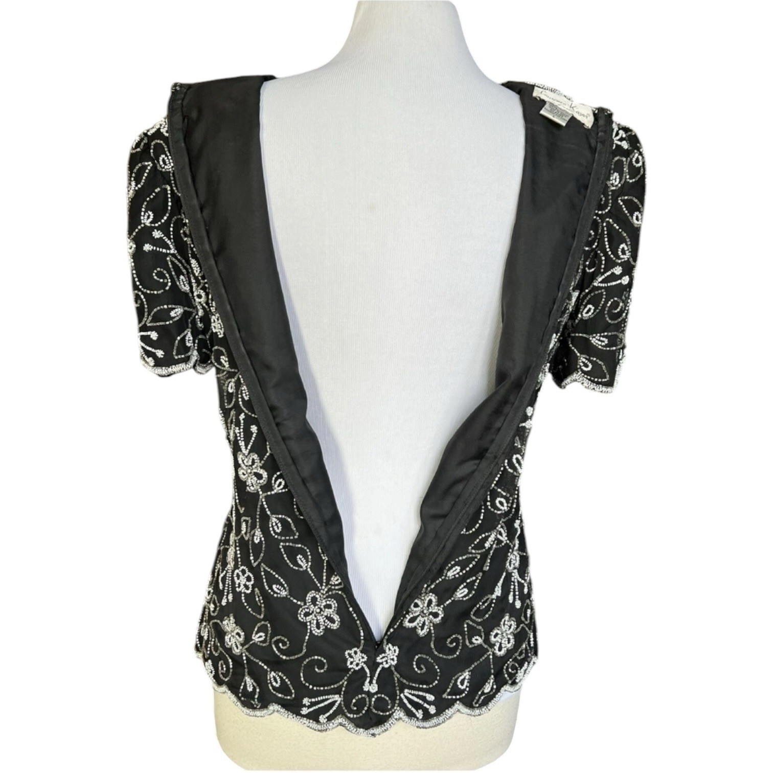 Vtg Laurence Kazar New York Evening Top Large Black Silver White Beaded Sequin