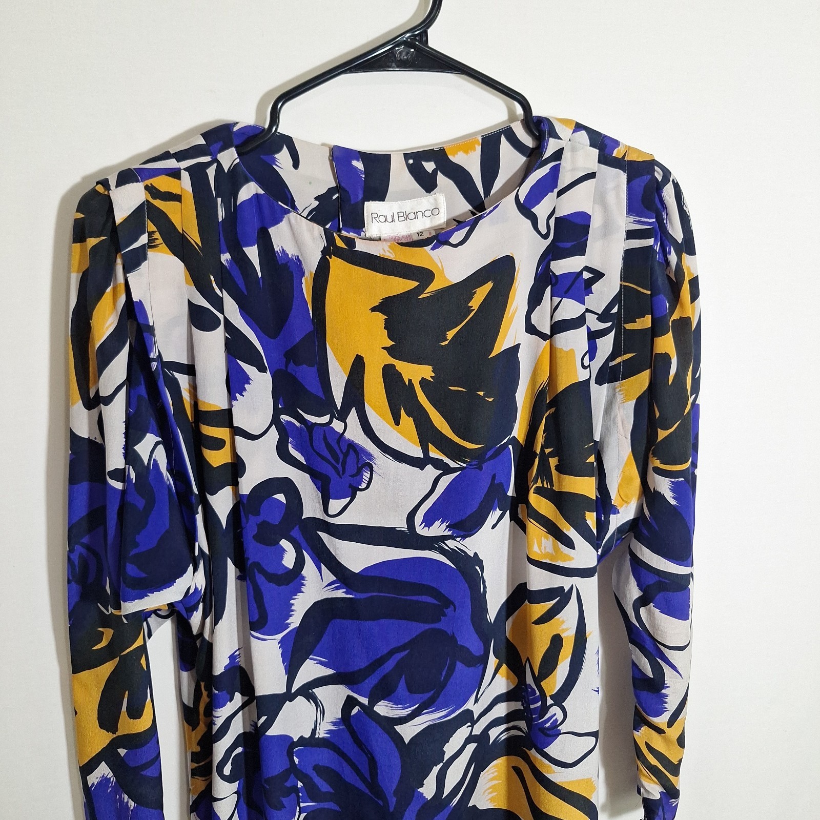 Vintage 80s Raul Blanco 100% Silk Abstract Midi Dress Drop Shoulder Bold L/XL