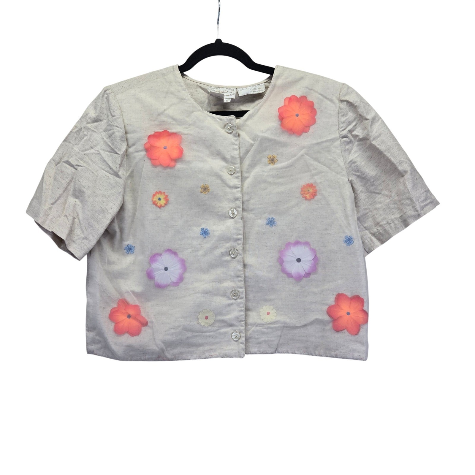 Vintage Country Wear Clothing Co Vintage Linen Blend Floral Button Top Tan 12