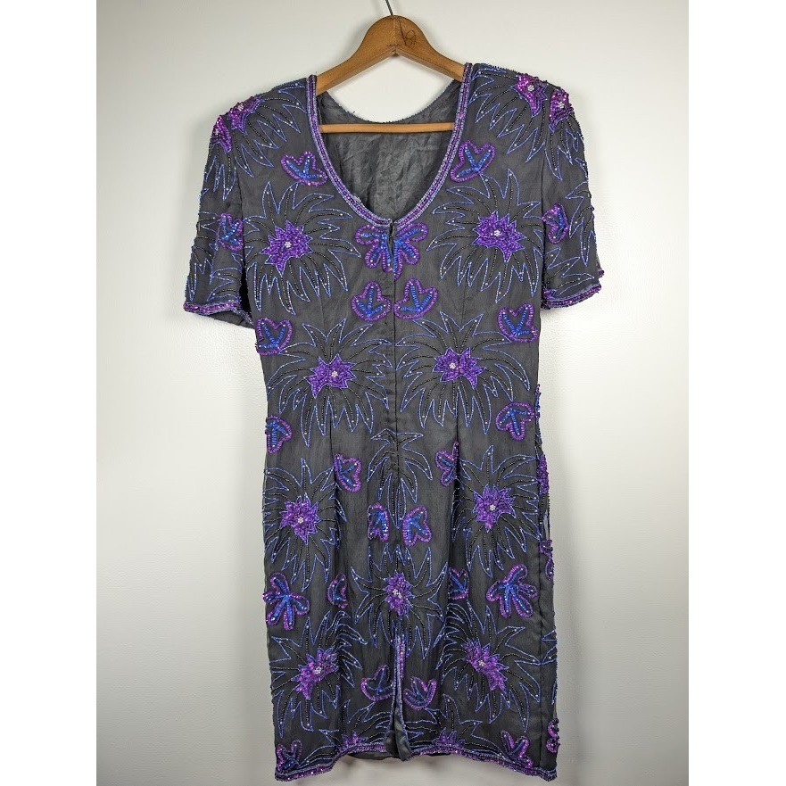 Vintage 90s 100% Silk Beaded Sequin Dress Size 8 Knee Length Glam Fireworks Prom