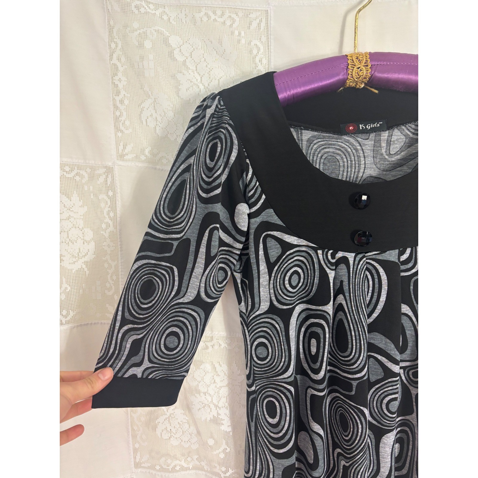 VTG Y2K 60’s/70’s Mod Black+Gray Artsy Retro 3/4 Sleeve Mini Dress Size S-M