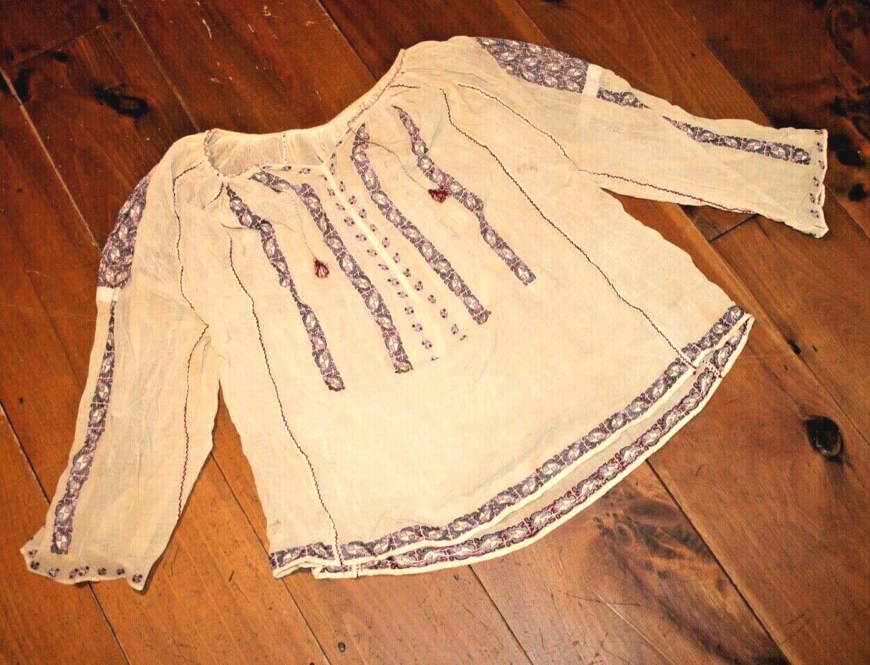 Vtg Silk Embroidered Hungarian Romanian Chiffon Gauze Sheer Peasant Blouse Boho