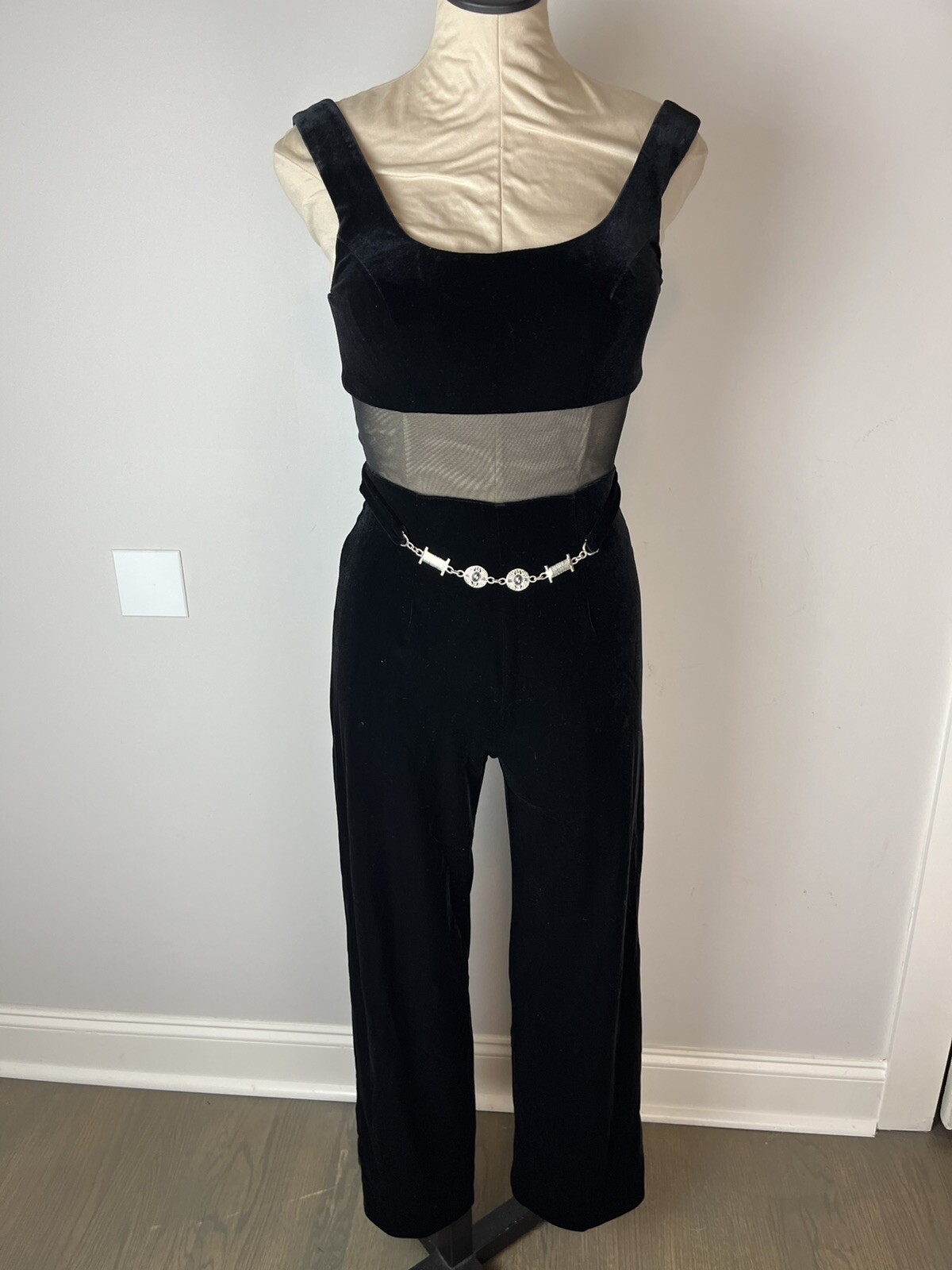 Vintage Cache Velvet Jumpsuit Brocade Jacket Set 6 Black Silver Mesh Midriff