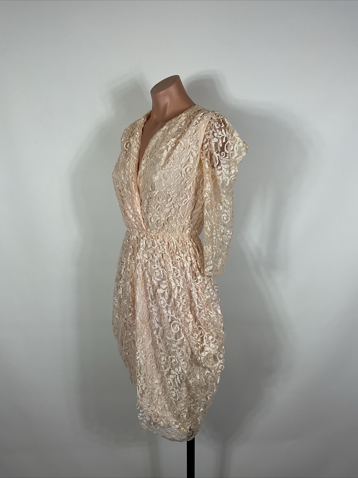 Vintage 80s Tulip Hem Peach Lace Dress Puffy Sleeve Party Prom Cocktail S/M