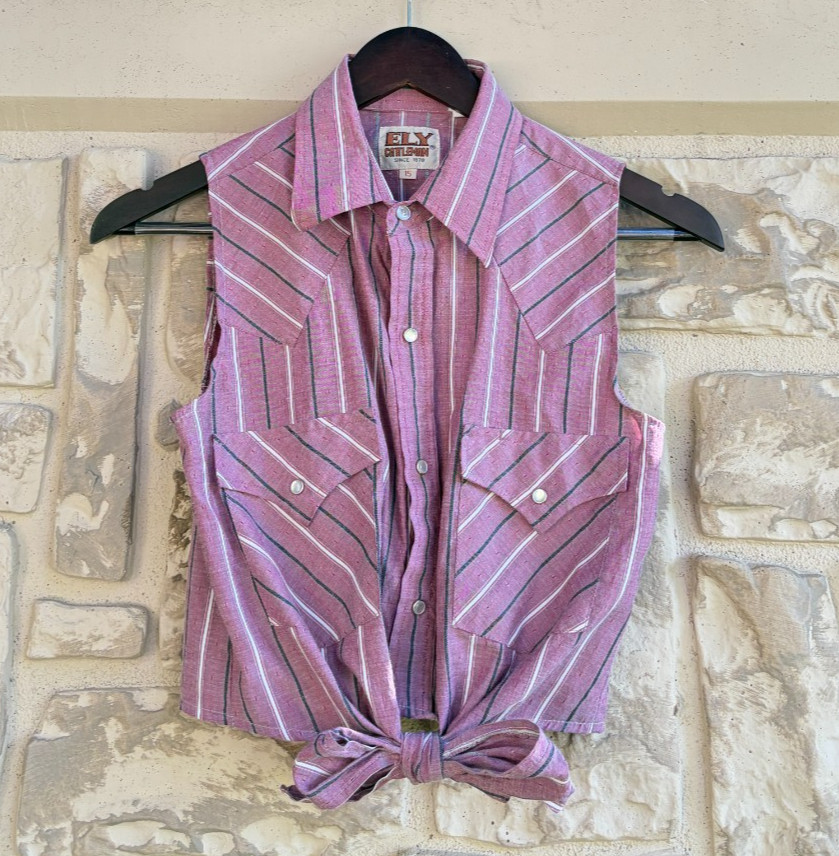 Vintage ELY Cattleman Sleeveless Western Shirt Pink Striped Snap Front Size 15