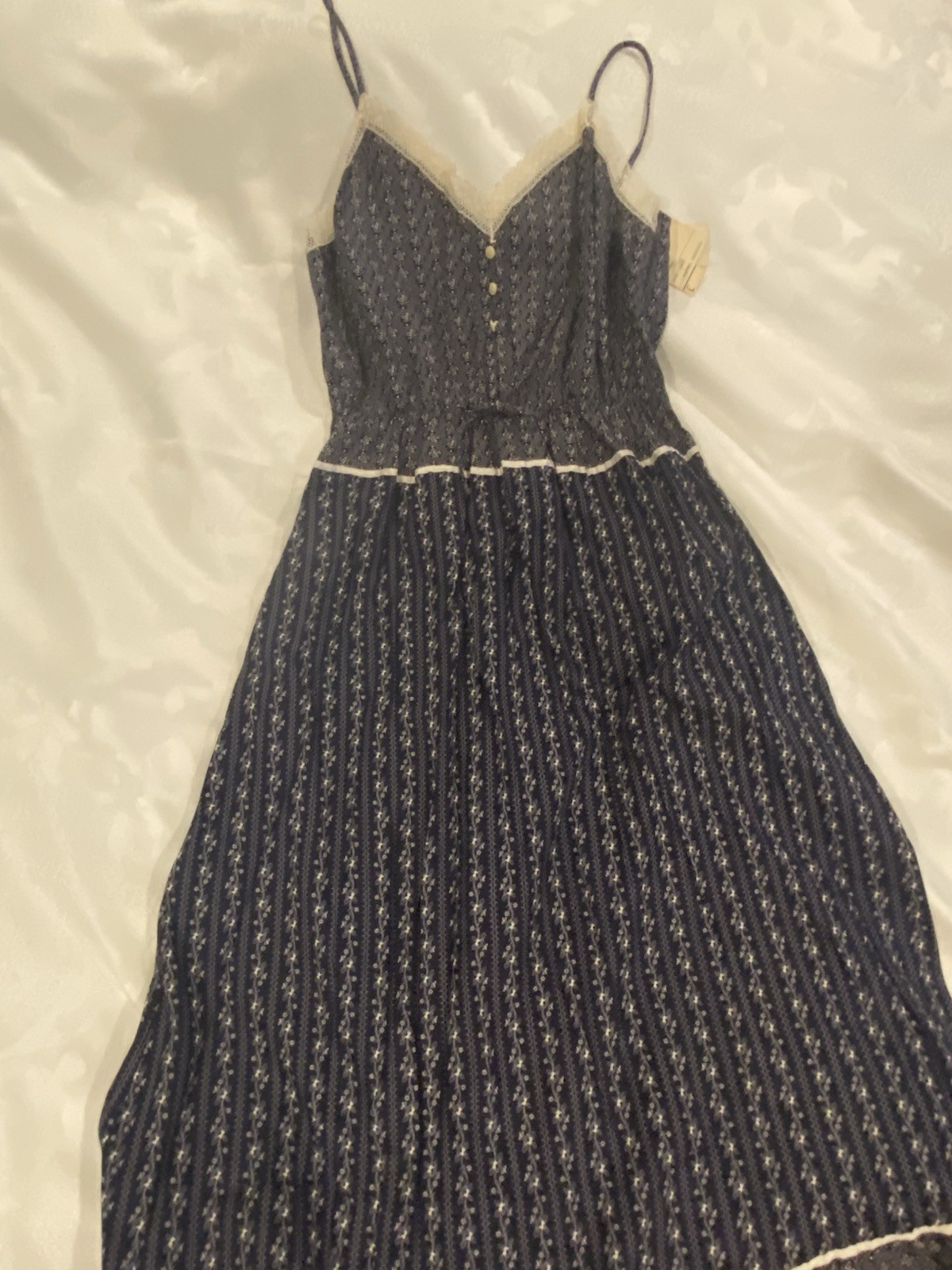 JCPenney navy cotton sun dress spaghetti straps floral lace prairie NWT Large