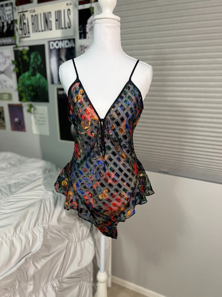 Gold Label Victoria’s Secret Vintage Teddy M Floral Sheer Mesh Black Multicolor