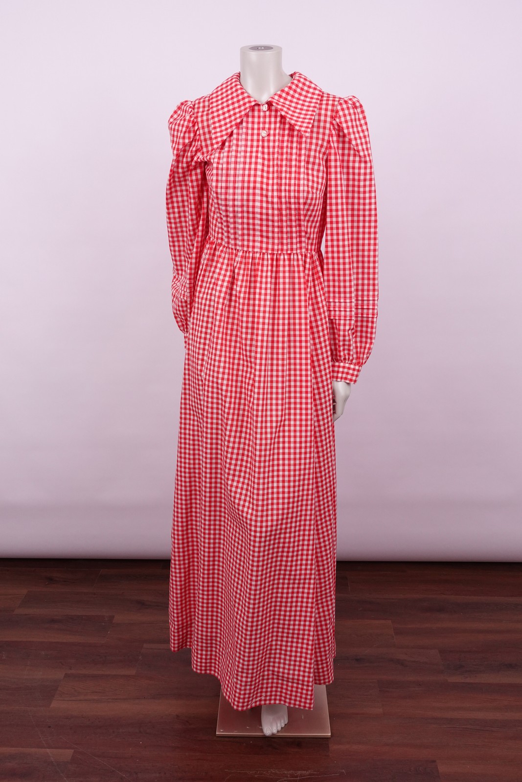 1970s Red & White Gingham Checkered Long Sleeved Maxi Dress