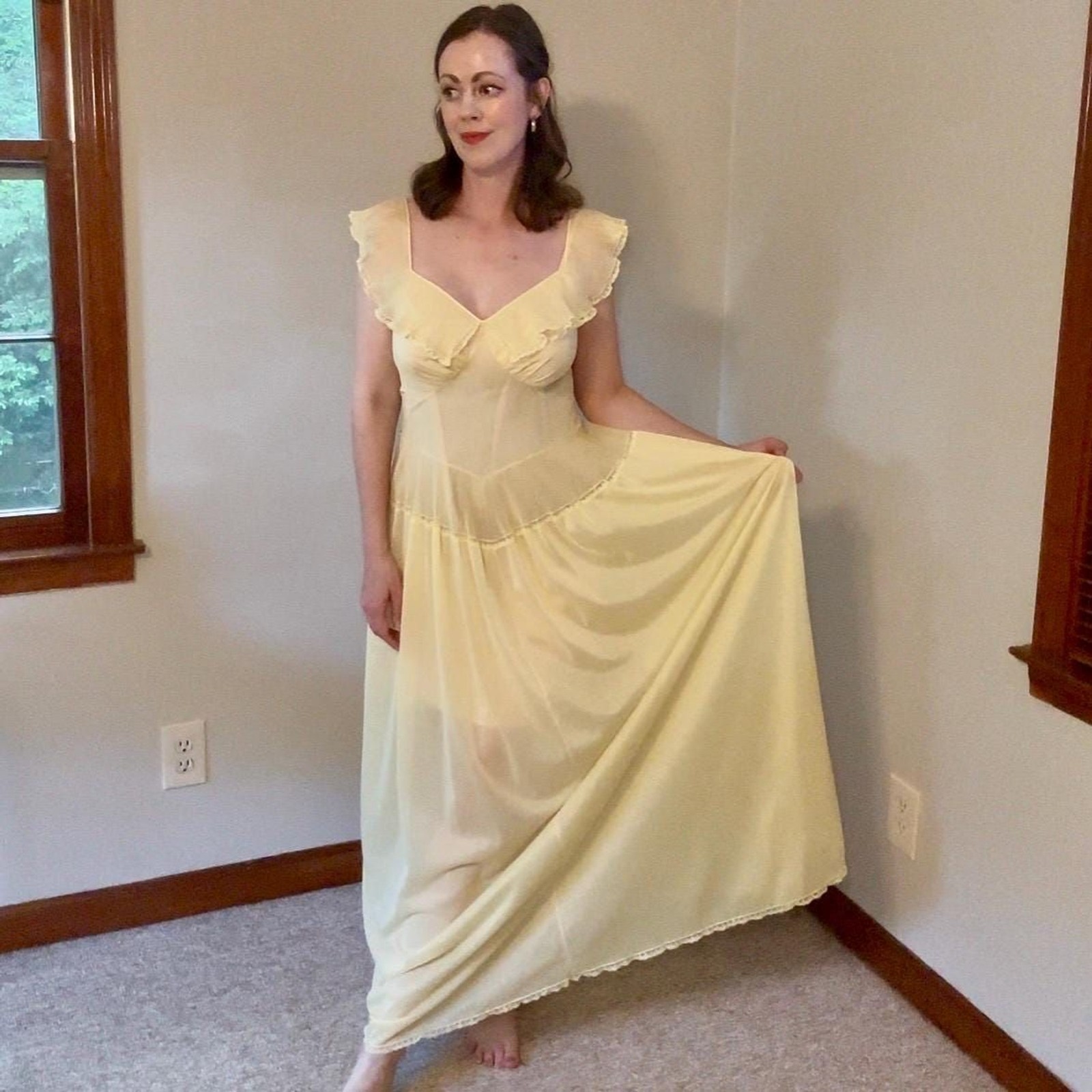 Vintage 70s Vanity Fair Romantic Ethereal Sheer Yellow Slip Dress Size Small