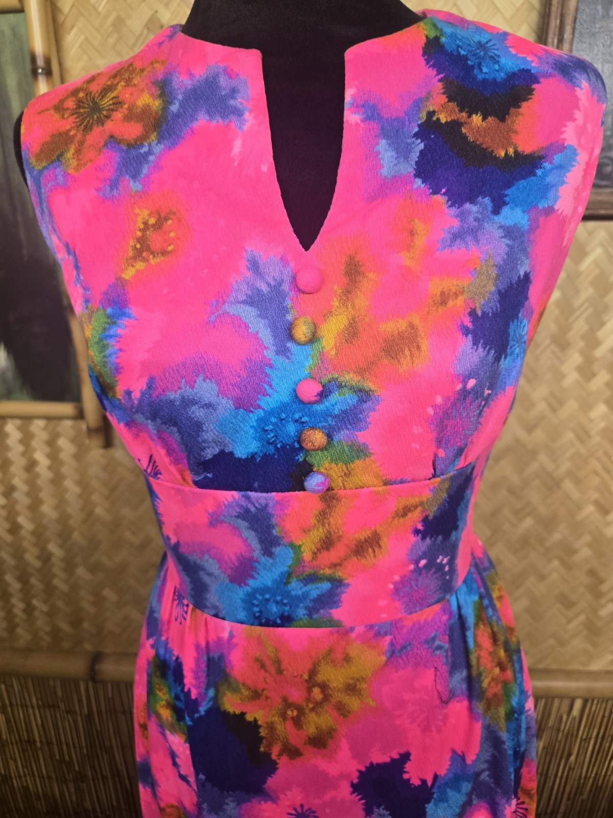 Vintage Gallant Of California Hawaiian Styled Barkcloth Maxi Aloha Dress w1155