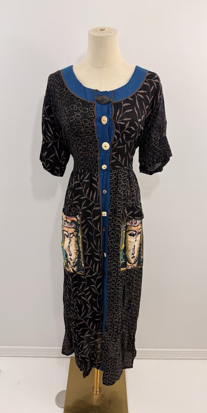 VTG Magic Brand Rayon Dress Art to Wear Boho Artsy Earthy 90s Pockets Tie Waist