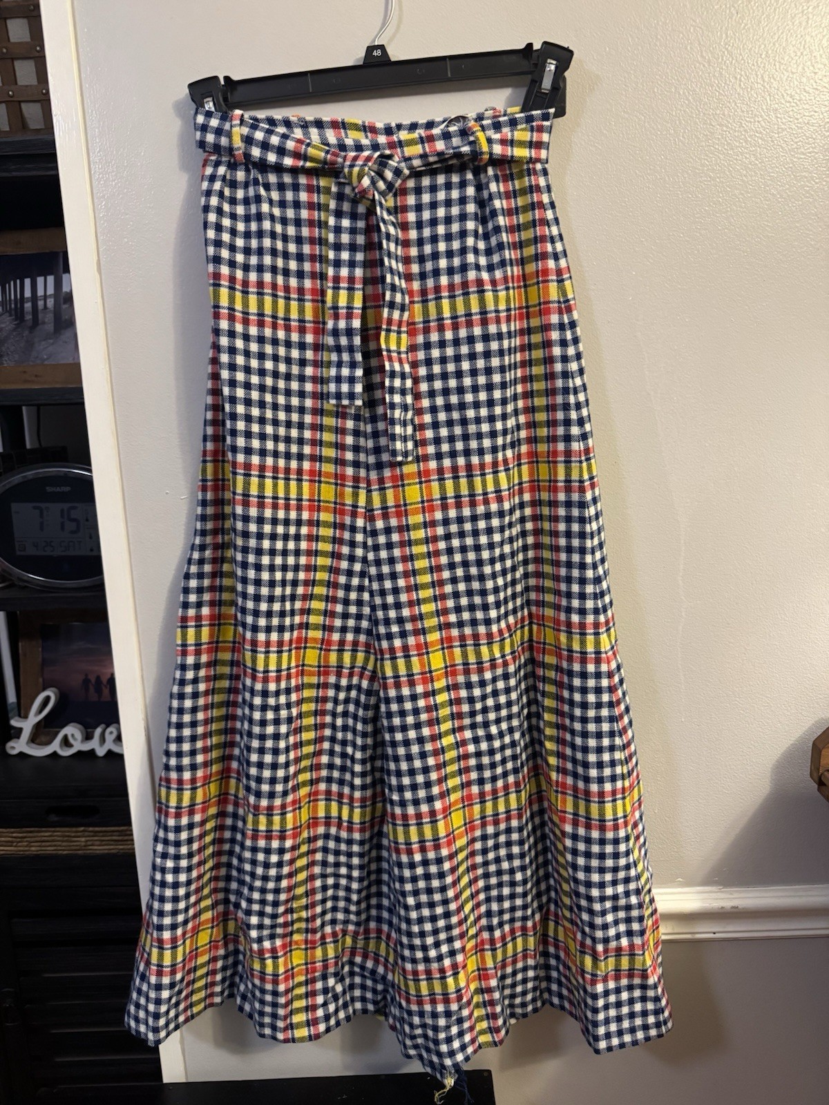 Cos Cob 70s Womens Small Blue Diagonal Plaid Skirt A Line Tie Waist Vintage