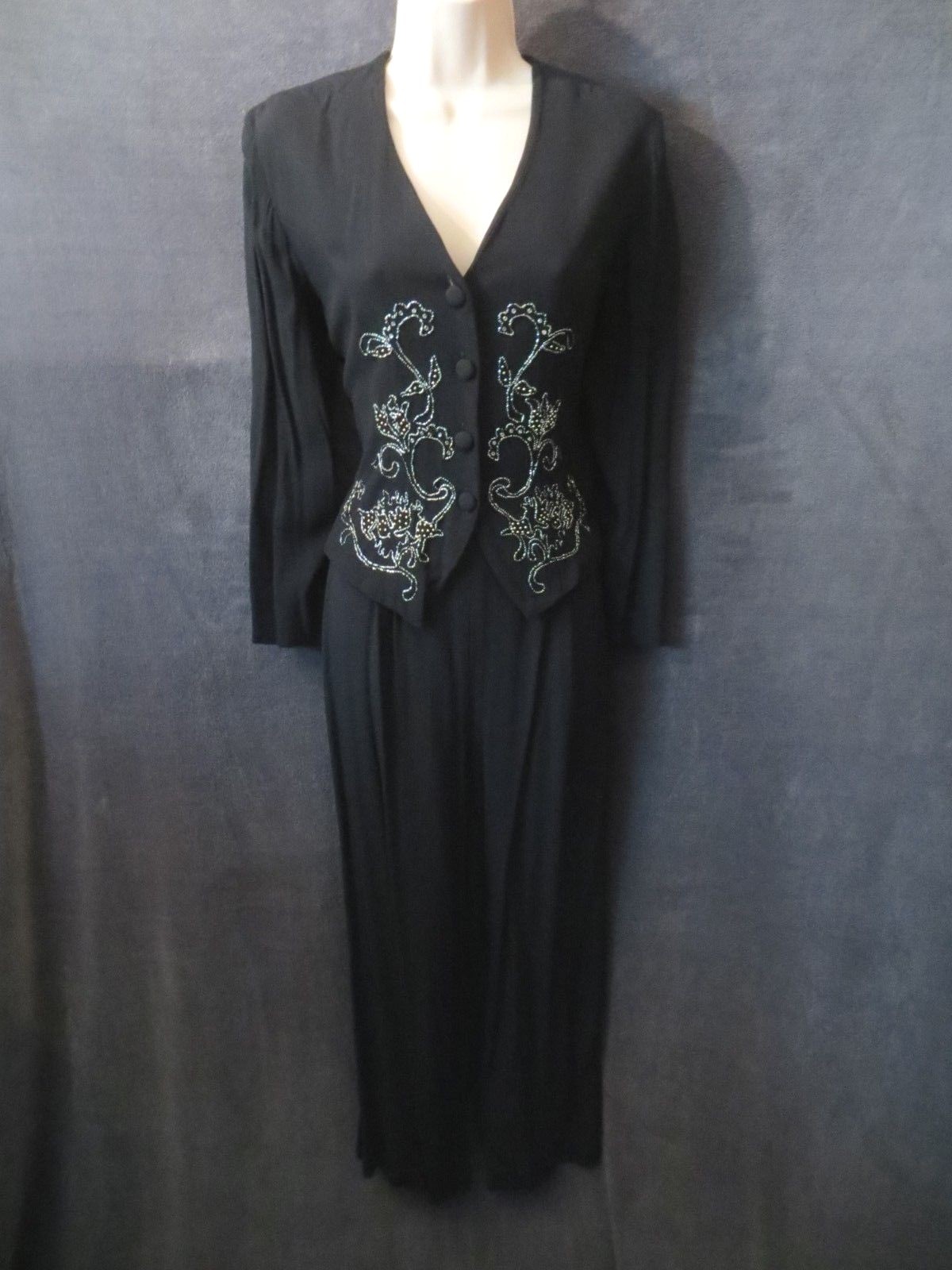 80’s 90’s Vintage Karin Stevens Black Rayon Silver Rhinestone Vest Jumpsuit 8