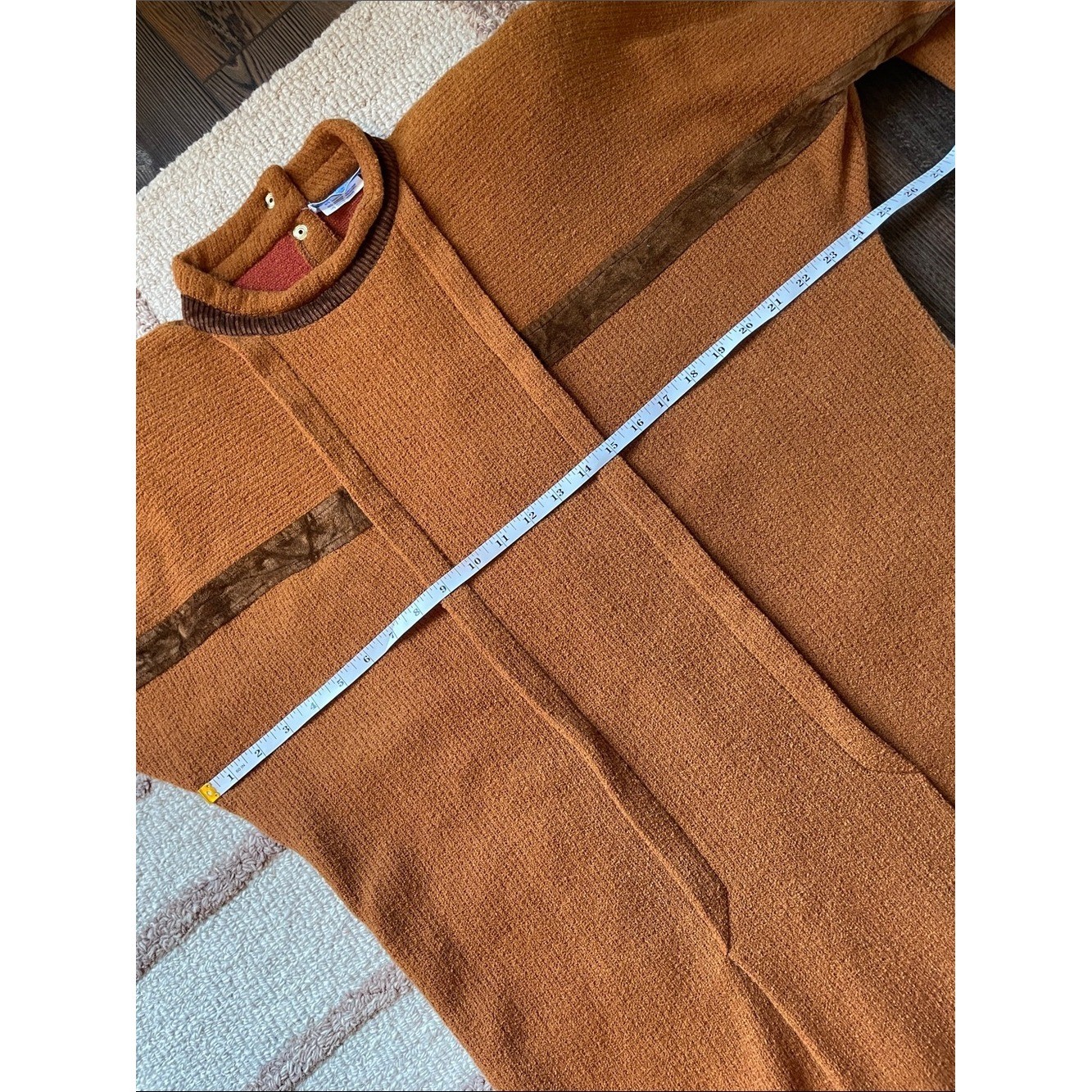 Vintage SPAZIO Italy Wool Knit Dress Orange Funnel Neck Velvet Trim Midi Maxi L