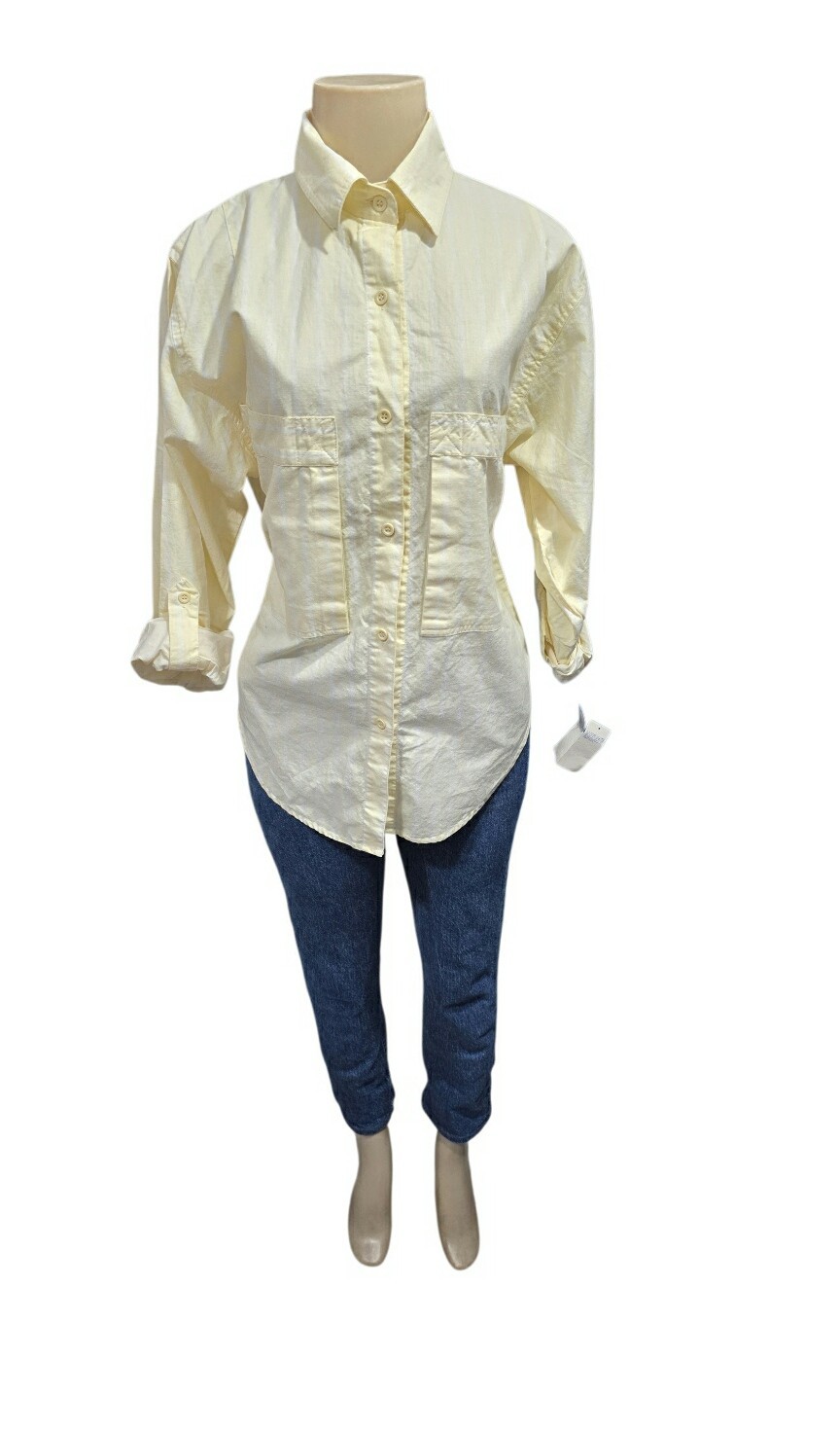 VTG 80s Ilio Striped Yellow White Button Up Shirt Roll Tab Sleeve Size S