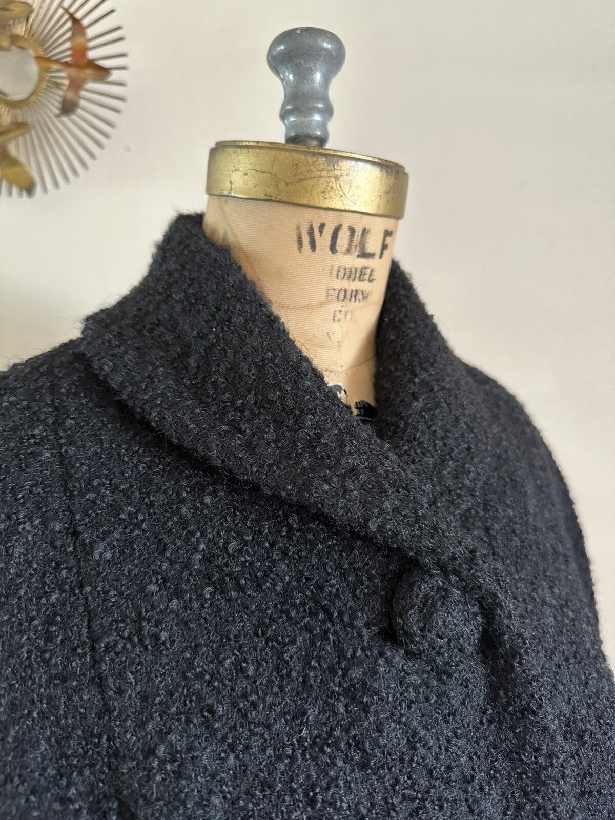 1940s Boucle Wool Swing Coat Holiday Shawl Collar Jacket Rhinestone Cuff 50s VTG
