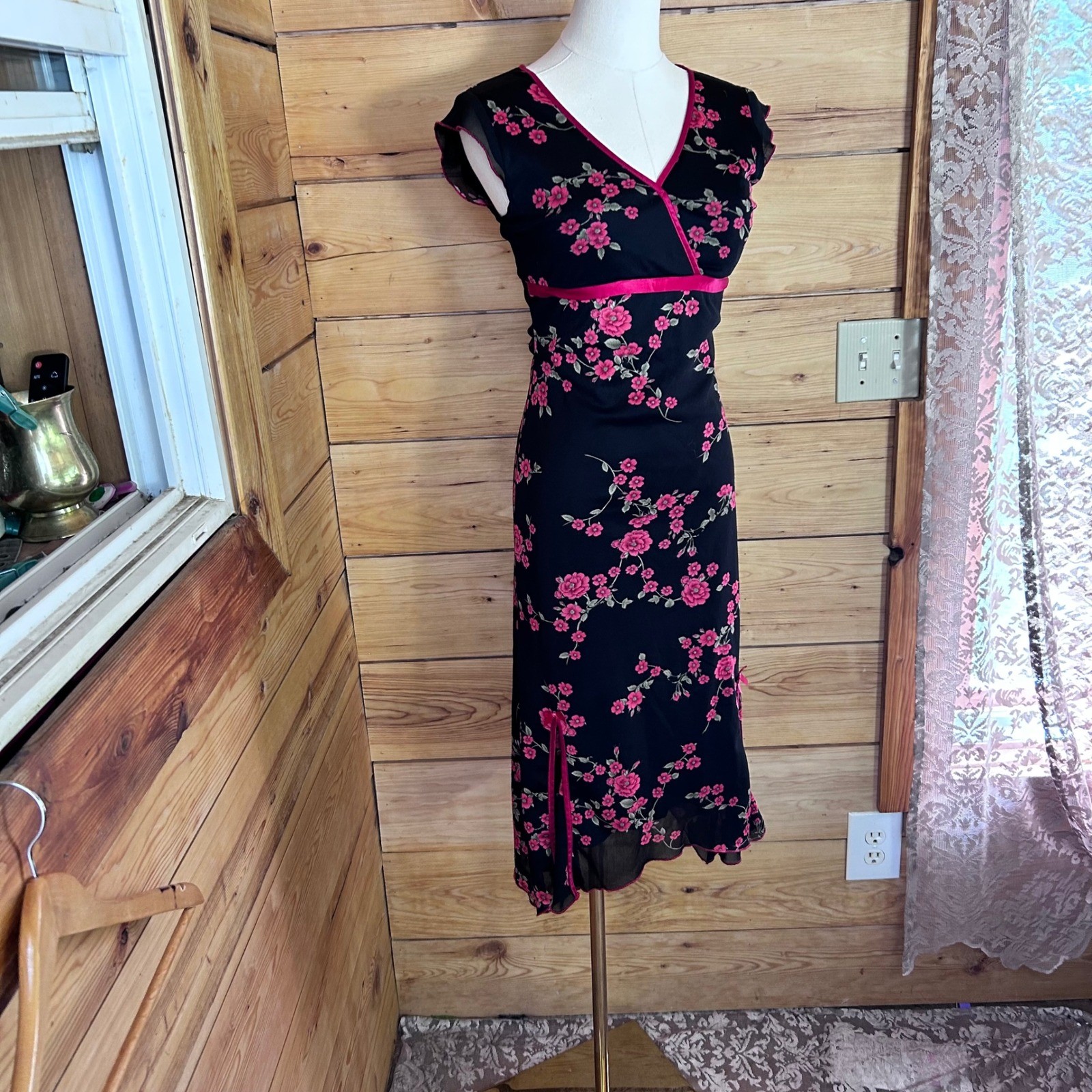 Vintage Asian Dress Women Small Black Pink Floral Y2K Goth Glam Party Ruby Rox