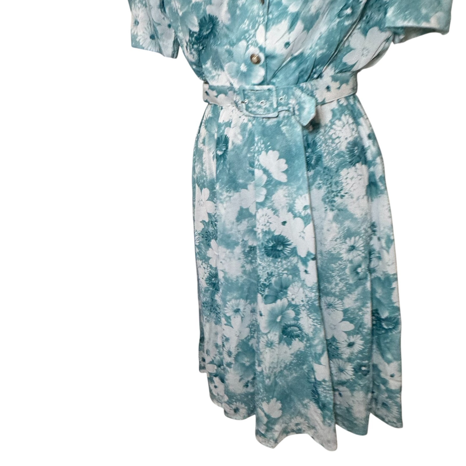 New VTG California Looks Dress Woman SZ 8 Petite Aqua Floral Belted CottageCore