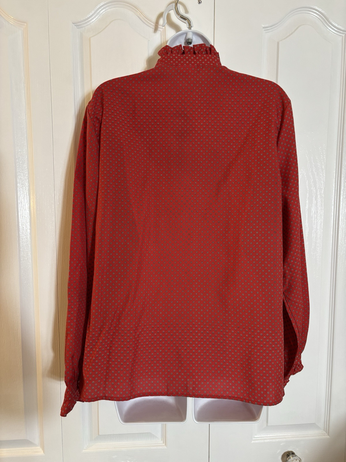 Vintage LEWMAR 1970s Red Floral Ruffled High Neck Blouse Secretary Geek XL