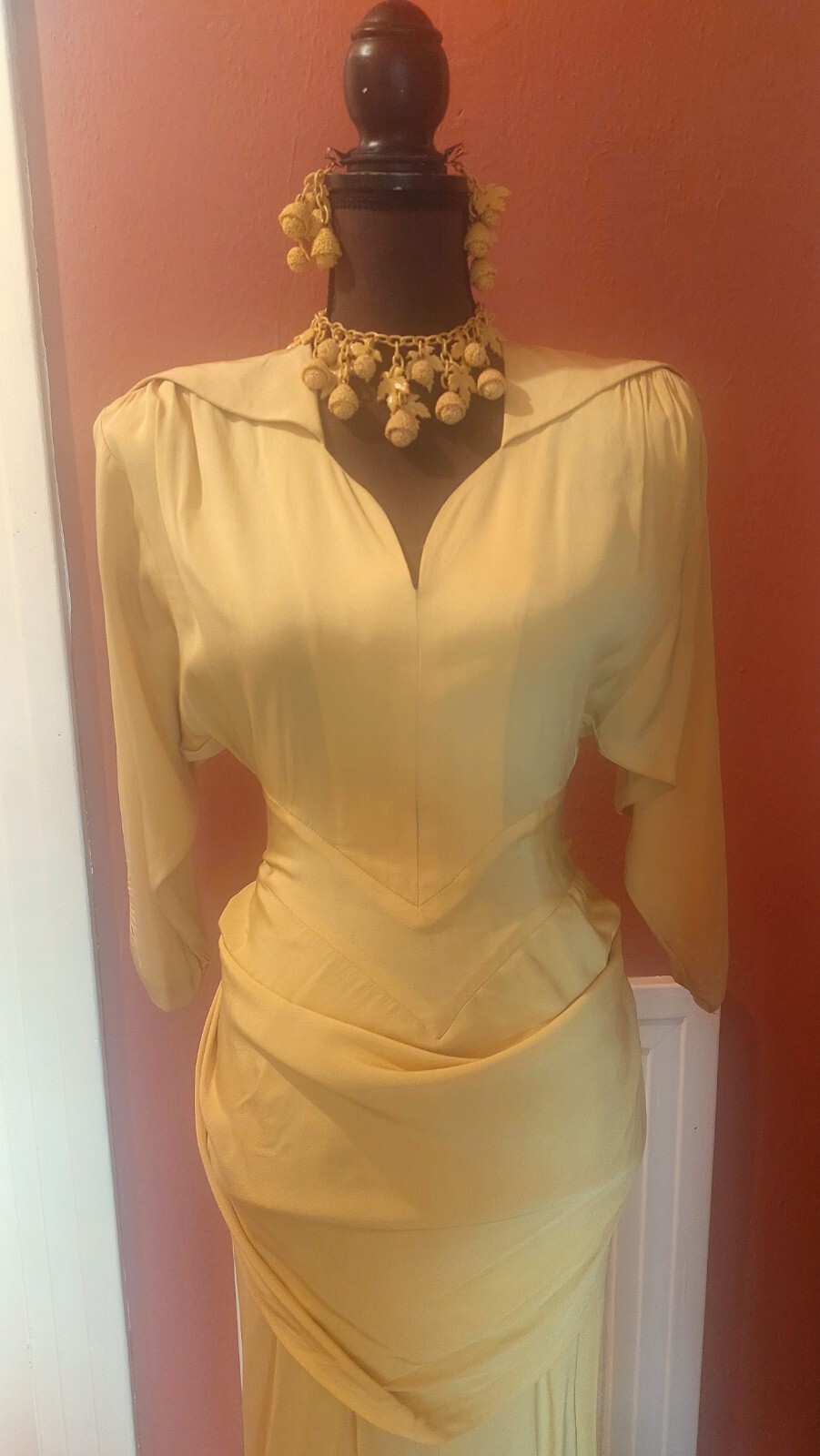 1950s Lilli Diamond Chartreuse Rayon Dress, Bat Wing Sleeves, Swag, Train XS