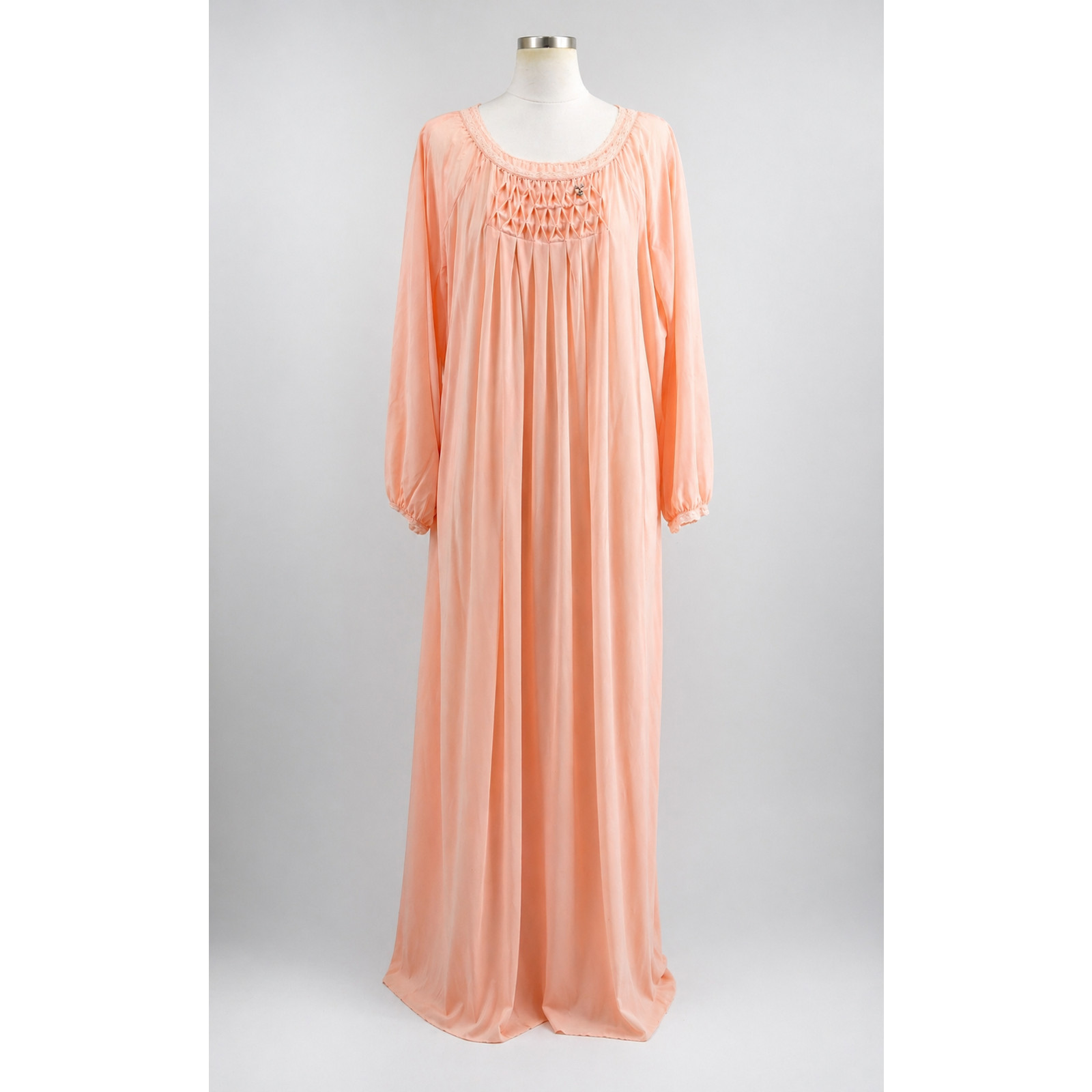 Vintage Peach Nightgown Smocked Bodice Ankle Length Romantic Cottagecore