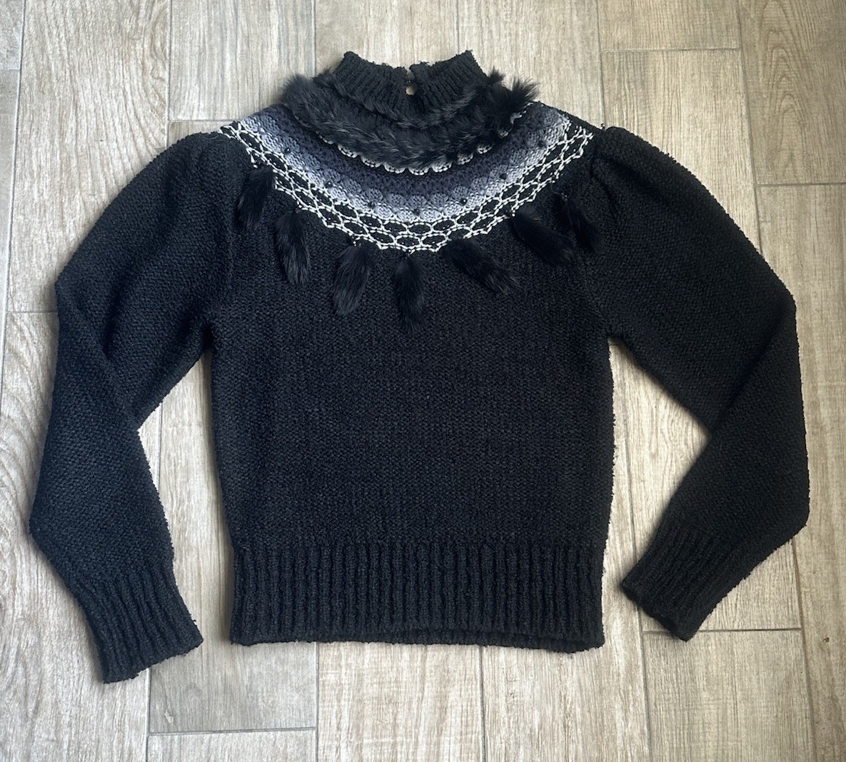 Vintage 80’s Currants By Jeri-jo Black Fur Accents Acrylic Sweater SZ Med
