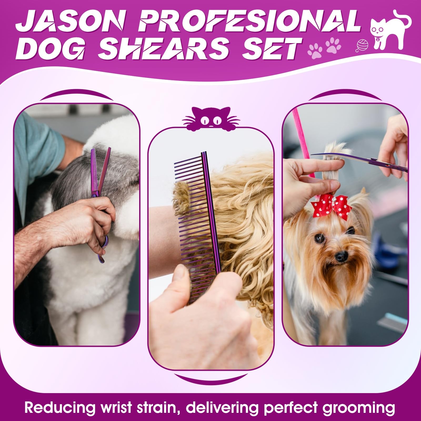 JASON Dog Grooming Scissors Set – Pro 6 in 1 Dog Shears Kit – 6.5″ Thinning