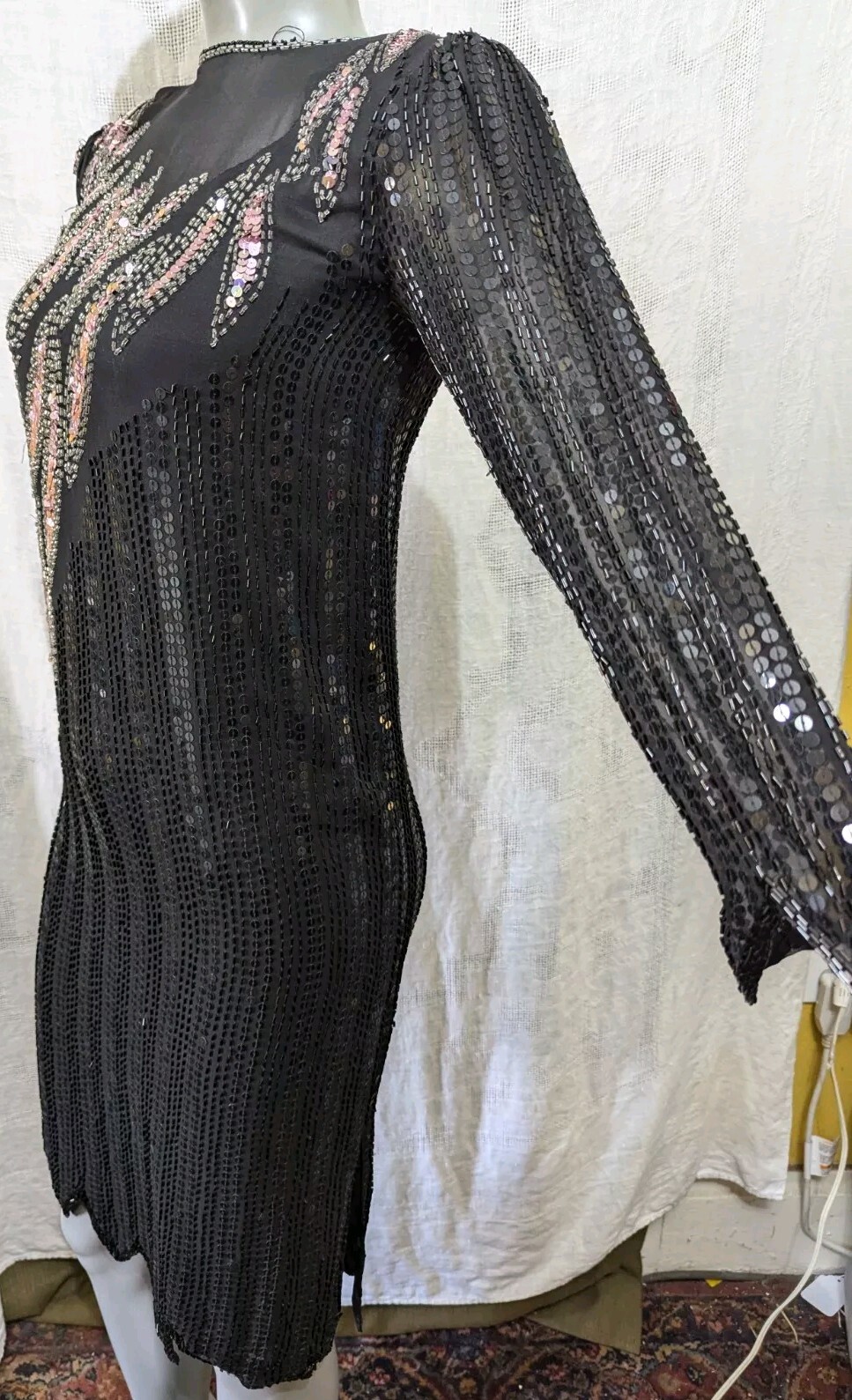 VTG Sho Max Originals Black Pink Silk Beads & Sequins Cocktail Dress PS
